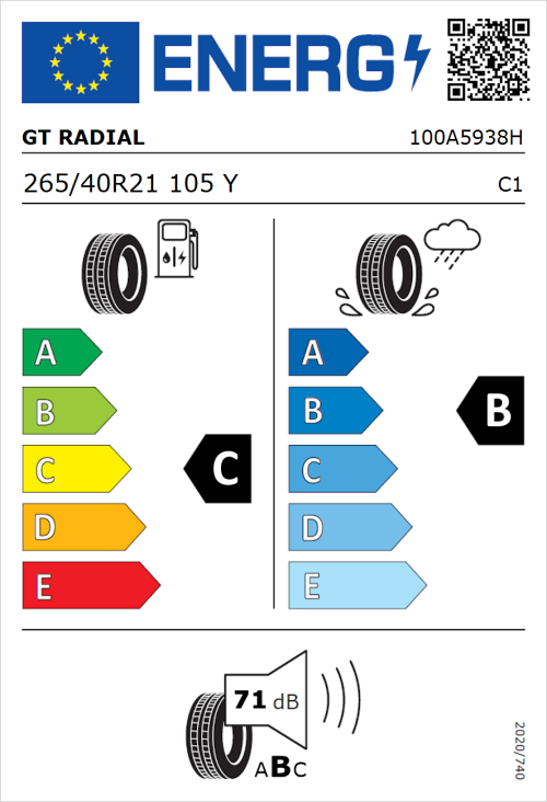 Tyre Label for GT Radial TouringActive 265/40R21 105Y