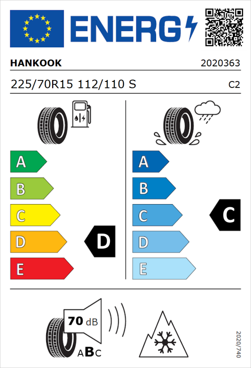 Tyre Label for Hankook Vantra LT RA18 225/70R15 112/110S