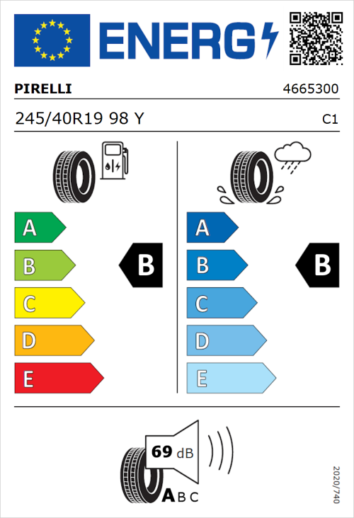 Tyre Label for Pirelli Powergy 2 245/40R19 98Y