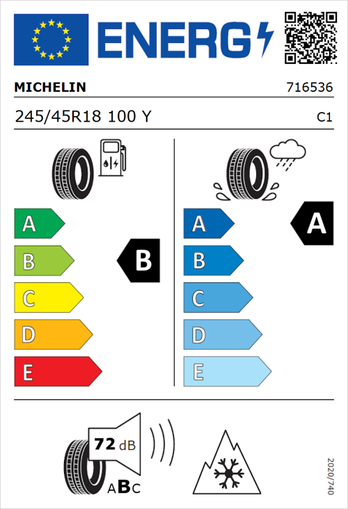 Tyre Label for Michelin CrossClimate 3 Sport 245/45R18 100Y